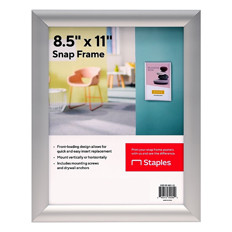 Staples Snap Frame Poster Holder, 8.5" x 11", Wall Mounted, Silver Aluminum (EGP-SF-8511-S) image 1