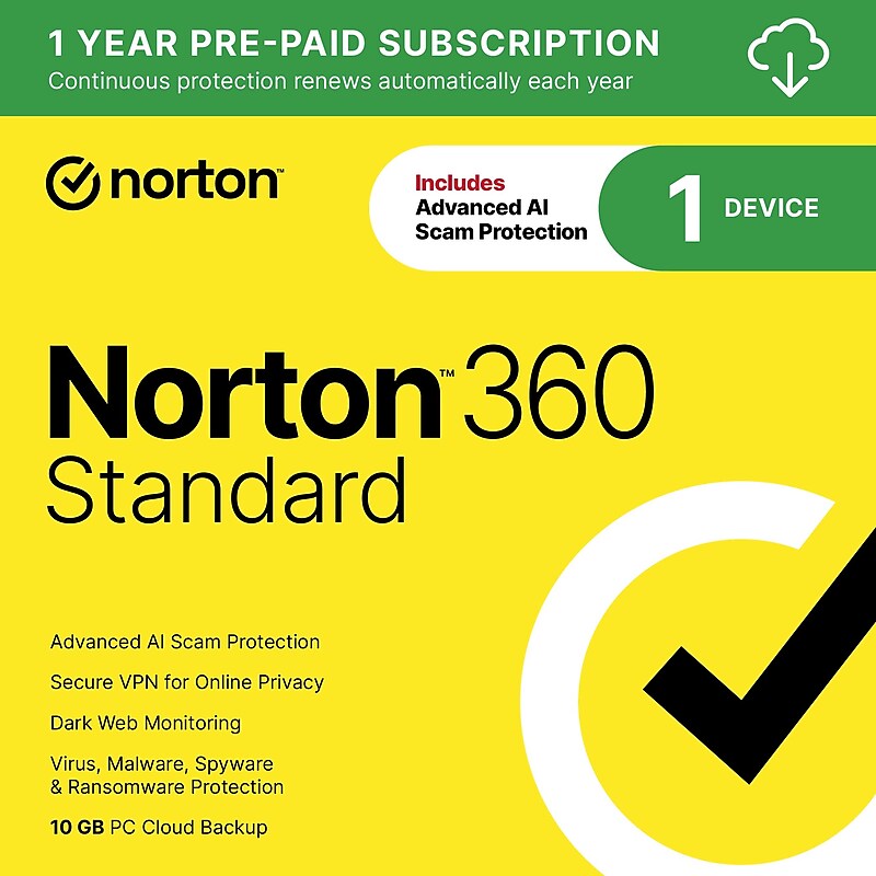 Norton 360 Standard Antivirus Software for 1 Device, Windows/Mac/Android/iOS, Download (21390614) image 1