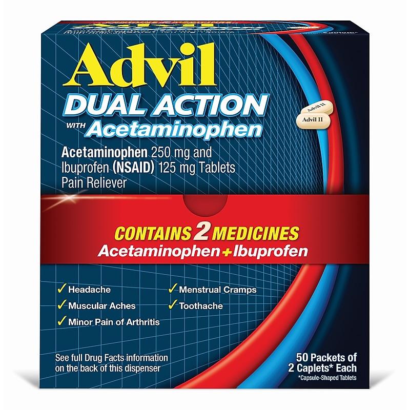Advil Dual Action 250mg Acetaminophen/125mg Ibuprofen Caplets, 2/Packet, 50 Packets/Box (014795) image 1