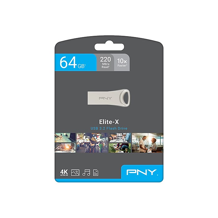 PNY Elite-X 64GB USB 3.2 Type A Flash Drive, Silver (P-FDI64GELTX