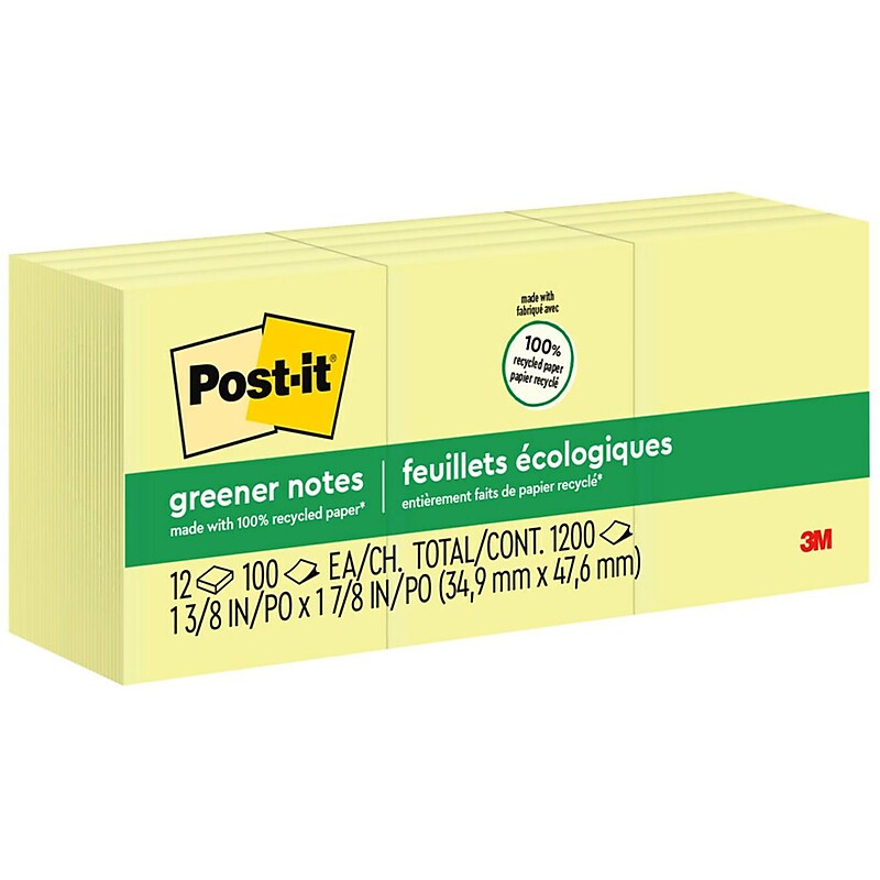 Post-it Recycled Notes, 1 3/8" x 1 7/8", Canary Collection, 100 Sheet/Pad, 12 Pads/Pack (653RPYW) image 1