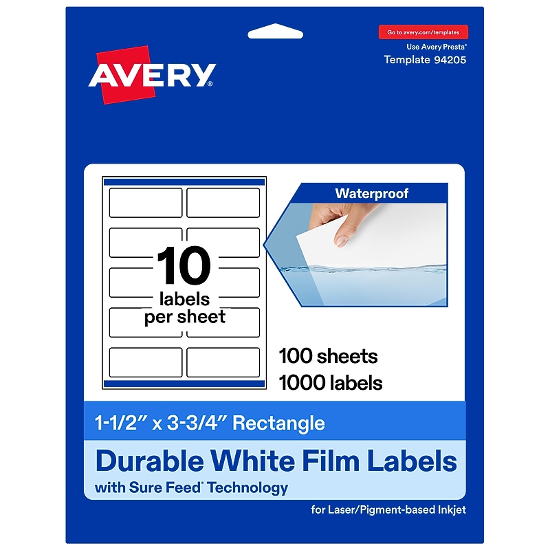 Avery Laser/Inkjet Multipurpose Labels, 1.5" x 3.75", White, 10 Labels/Sheet, 100 Sheets/Pack (94205) image 1