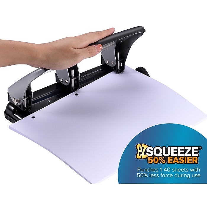Bostitch EZ Squeeze 3-Hole Punch, 40 Sheet Capacity, Silver/Black