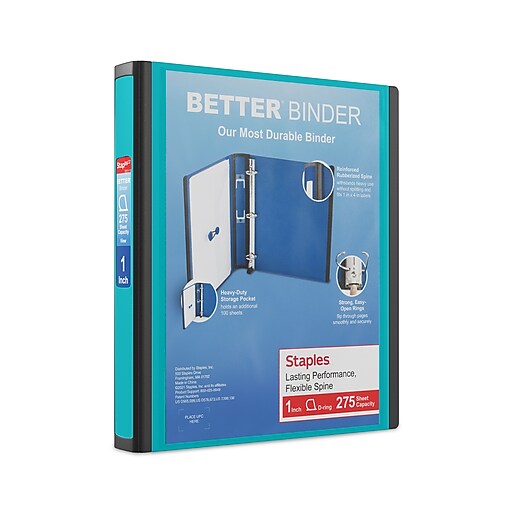 Staples 1" 3Ring Better Binder, DRing, Teal (13466CC) Staples