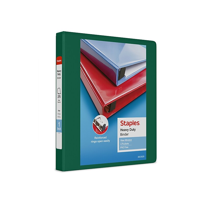 Staples Heavy Duty 1" 3-Ring View Binder, D-Ring, Green (ST56309-CC) image 1