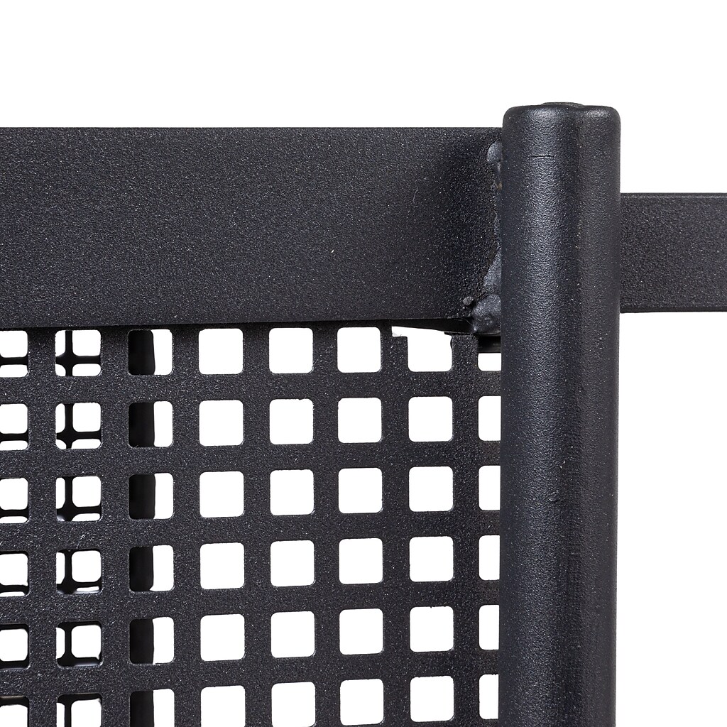 Close-up of the table's dark wood top edge and metal frame corner