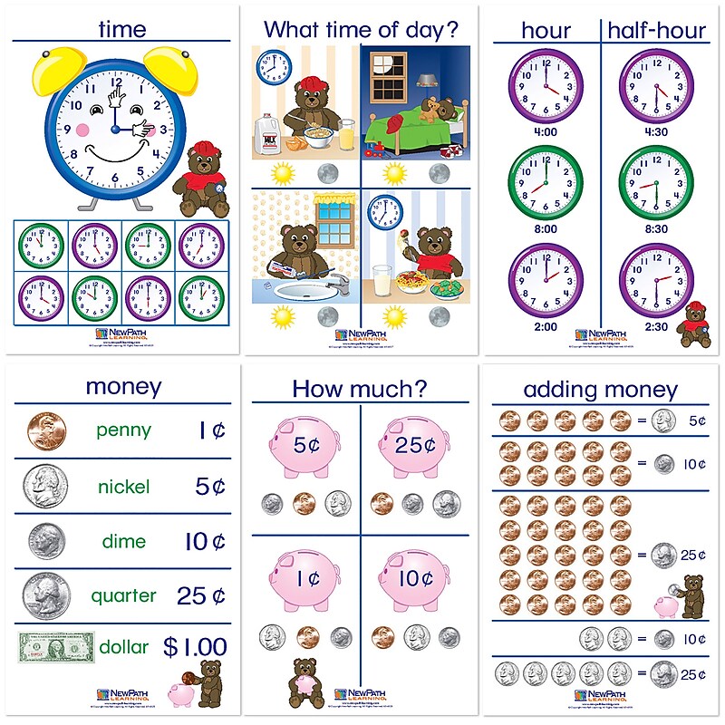 NewPath Learning Time & Money Bulletin Board Charts, English Edition, 12" x 18", 6/Set (NP-930225) image 1