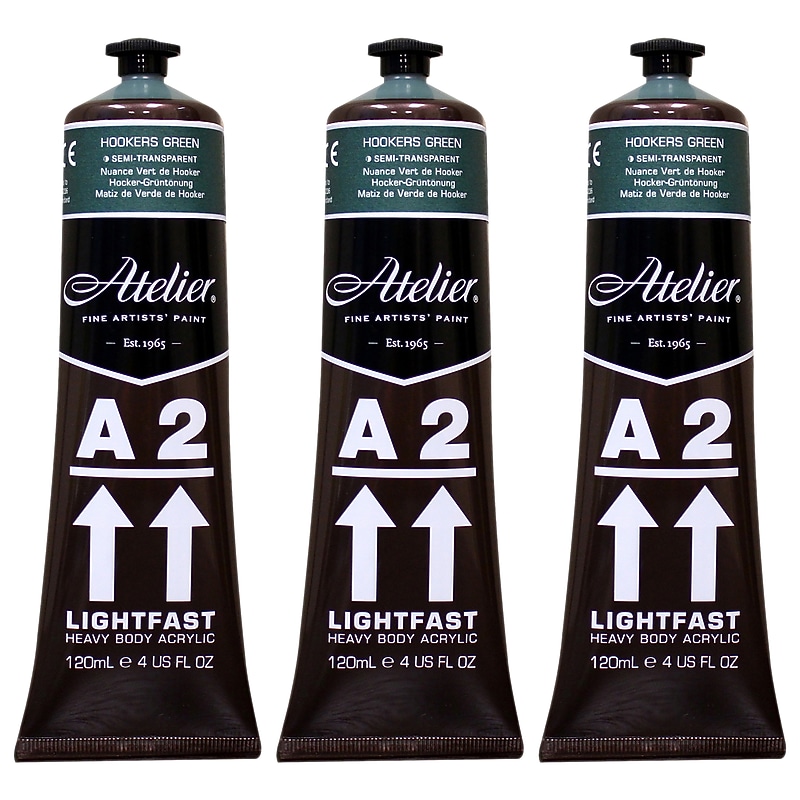 Chroma Atelier A2 Lightfast Acrylic Paint Tube, Hookers Green Hue, 4 oz., 3/Bundle (CRM767-3) image 1