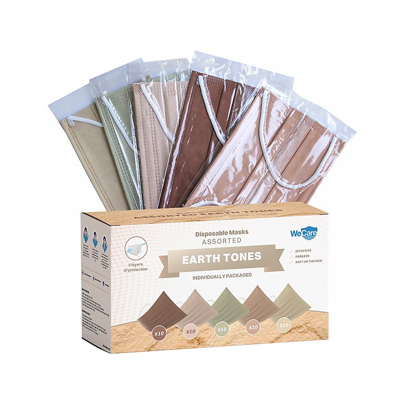 WeCare 3-ply Disposable Face Masks, Adult, Assorted Earth Tones, 50/Box (WMN100090) image 1