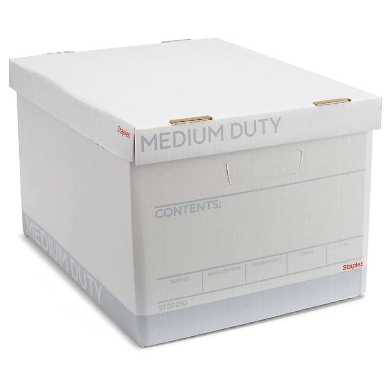 Staples Medium Duty File Box, Lift Off Lid, Letter/Legal Size, White, 10/Pack (50141) image 1