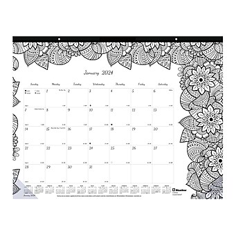 2024 Blueline DoodlePlan Botanica 22" x 17" Monthly Desk Pad Coloring Calendar, White/Black (C2917311)