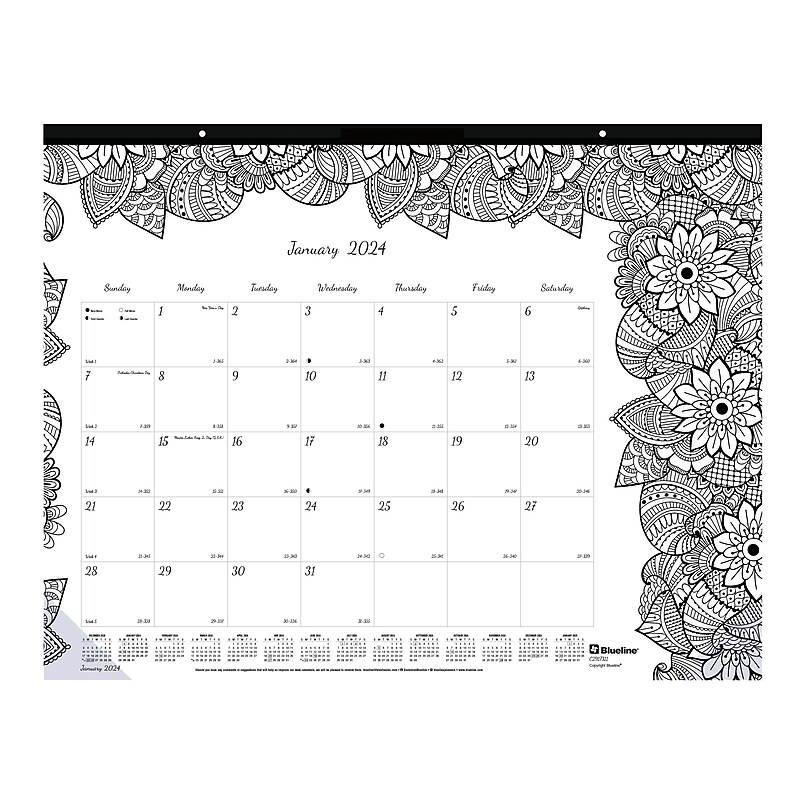 2024 Blueline DoodlePlan Botanica 22" x 17" Monthly Desk Pad Coloring Calendar, White/Black (C2917311) image 1