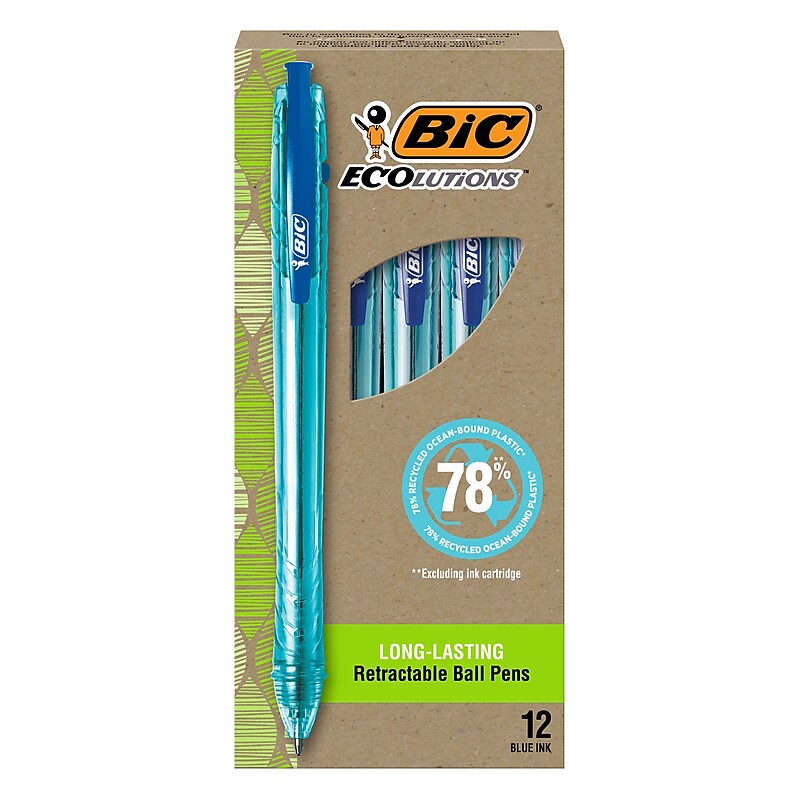 BIC Ecolutions Ocean-Bound Retractable Ballpoint Pens, Medium Point, Blue Ink, Dozen (BPRR11-BLU) image 1