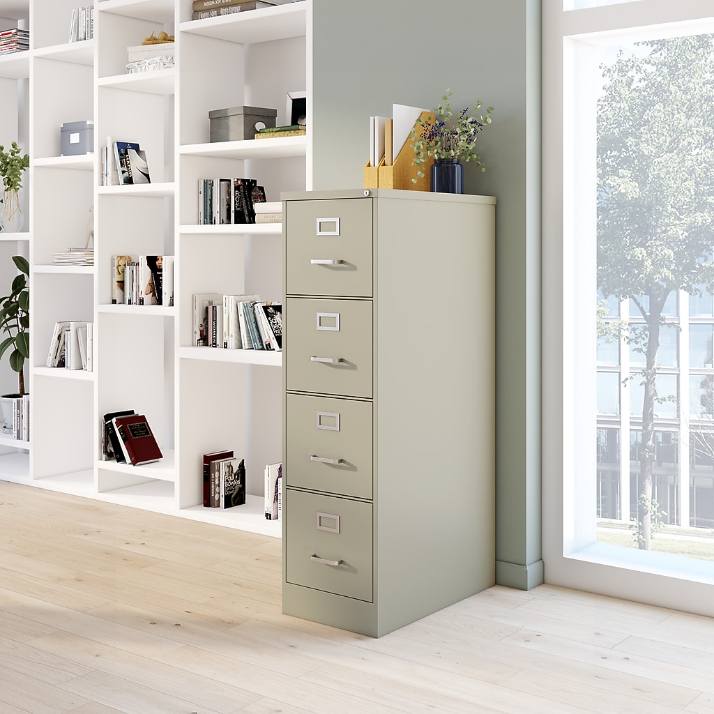 Beige filing cabinet in a library-like office