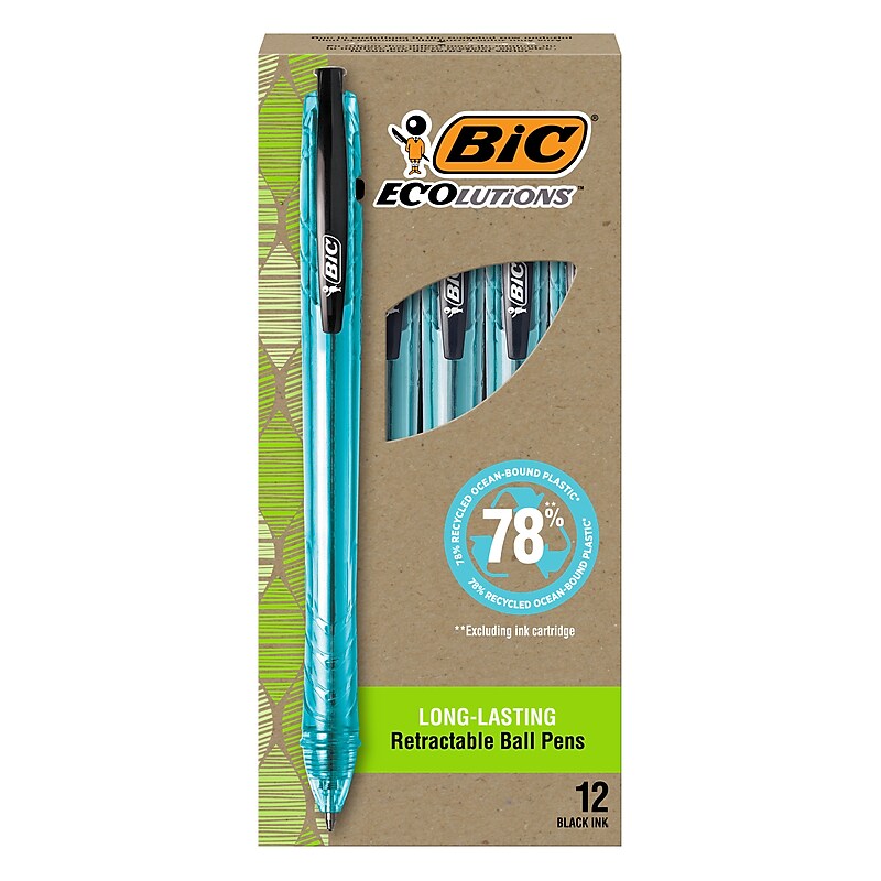 BIC Ecolutions Ocean-Bound Retractable Ballpoint Pens, Medium Point, Black Ink, Dozen (BPRR11-BLK) image 1