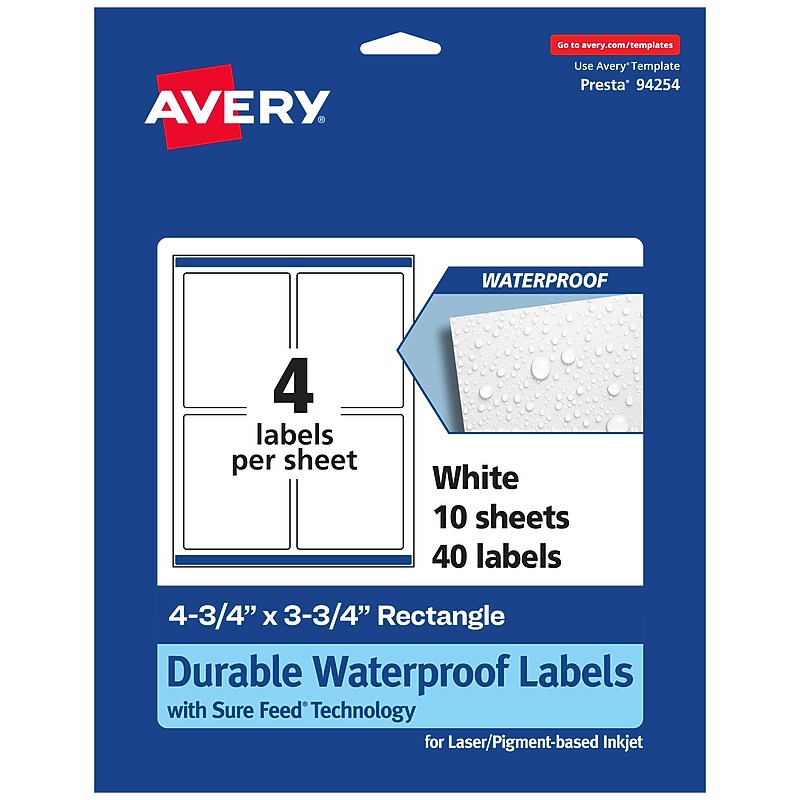 Avery Laser/Inkjet Rectangle Waterproof Multipurpose Labels, 3.75"  x 4.75", White, 40/Pack (94254) image 1