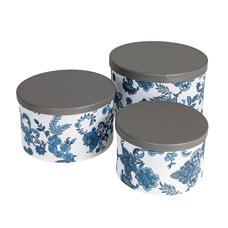 Household Essentials Nestable Hat Boxes with Lift Off Lids, Cardboard, Blue Floral, 3/Pack (HE1235) image 1