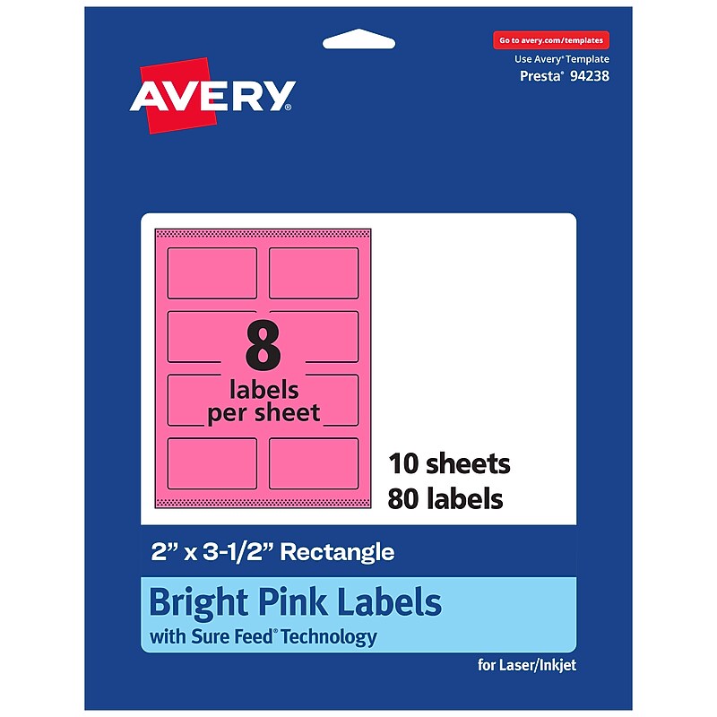 Avery Laser/Inkjet Rectangle Multipurpose Labels, 2" x 3.5", Bright Pink, 80/Pack (94238) image 1