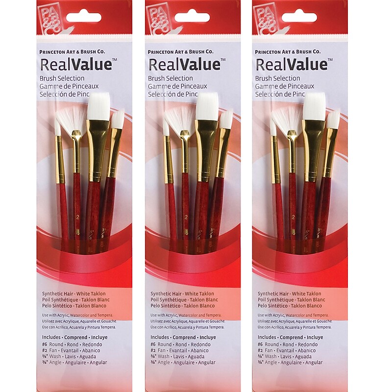 Princeton RealValue Mixed Media Synthetic Taklon Variety Brush Set, Red, 4/Set, 3 Sets/Bundle (PBXPR9120-3) image 1