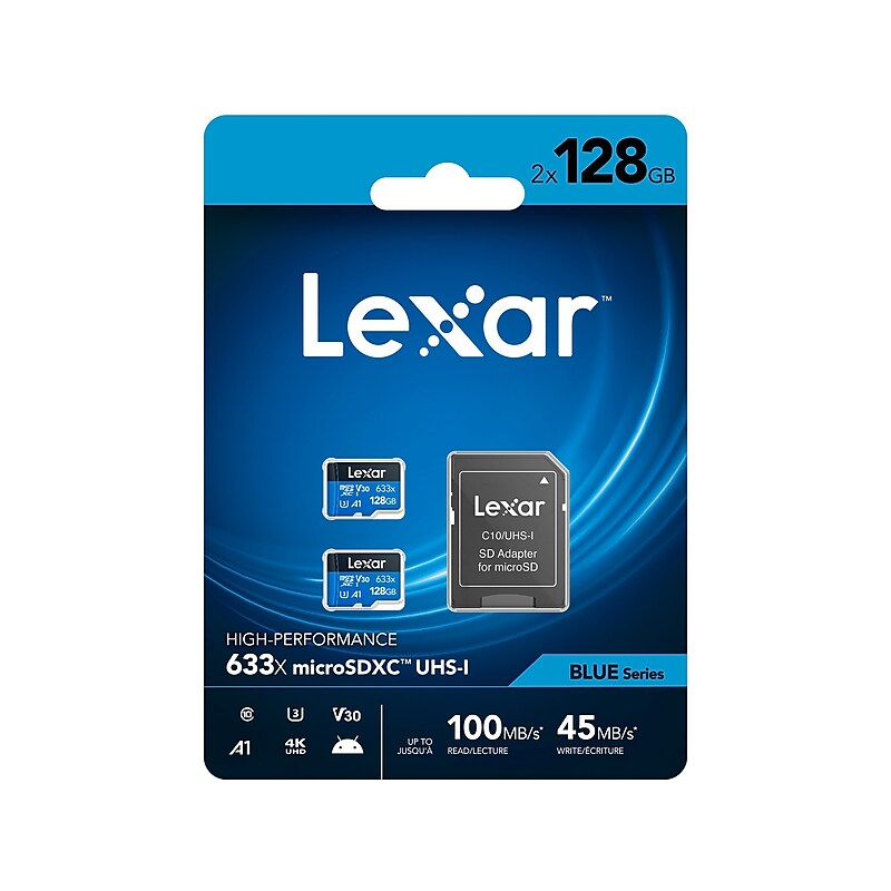 Lexar High-Performance 633x BLUE Series 128GB microSDXC Memory Card with Adapter, Class 10, UHS-I, V30, 2/Pack image 1