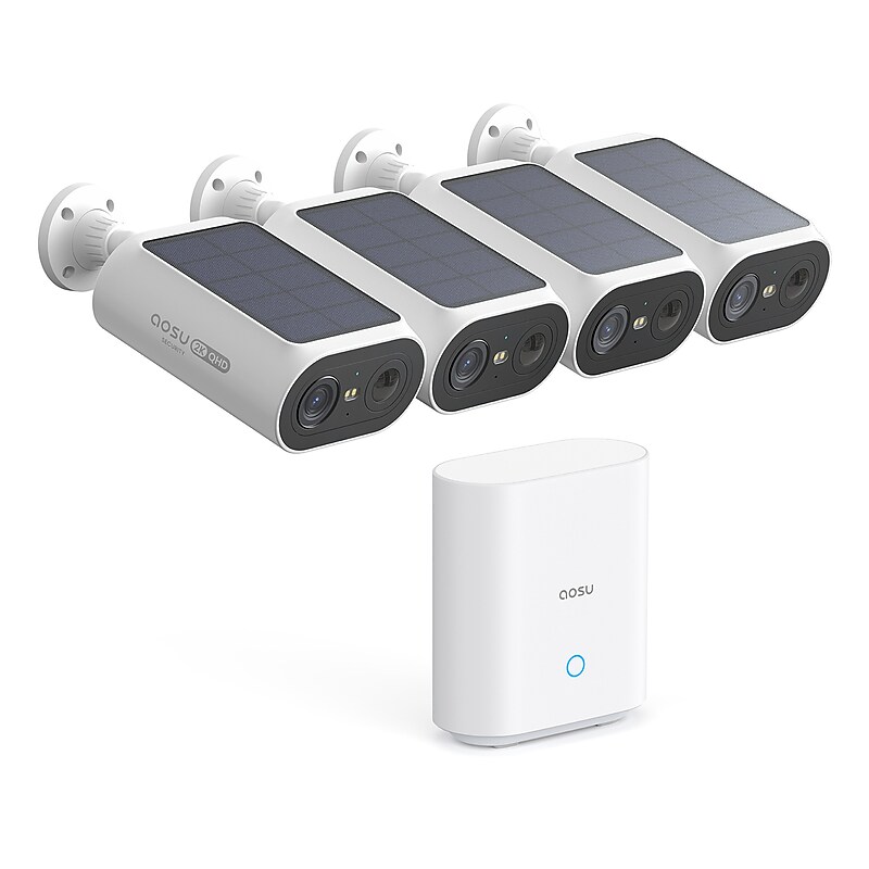 aosu 2K QHD 3.0-MP Outdoor Dual-Band Wireless AI-Smart Solar 4-Camera Pro System with HomeBase, White (C8E-4H) image 1