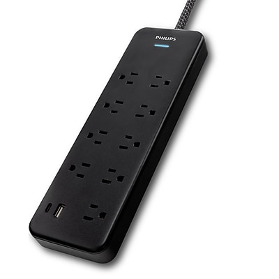 Philips Adapter Spaced 9-Outlet Surge Protector with USB Charging, 2400J, 6 ft. Braided Cord, Black (SPP3983B/37-T1)` Simolary simolary.com