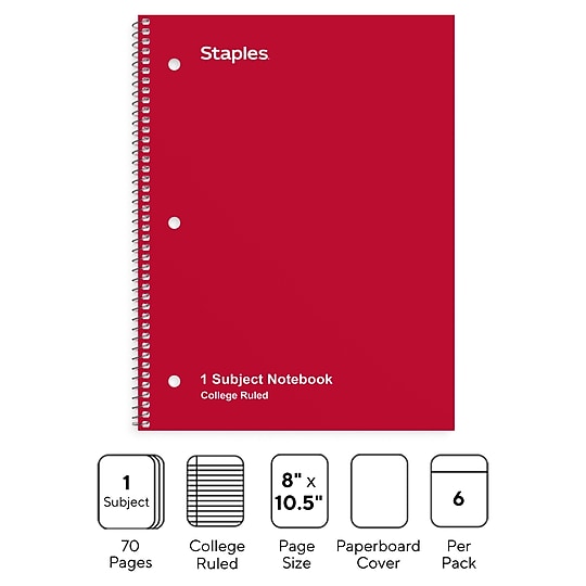 STAPLES 1‑Subject Spiral Notebook, 8” x 10.5”, College Ruled, 70 Sheets, Assorted Colors, 6‑Pack~#|#~1182A853-B4F4-4178-9B3C5859355C8410_sc7
