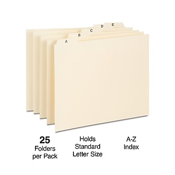 Staples File Guide, A-Z Index, 1/5 Cut, Letter Size, Manila, 25/Set (TR118257)