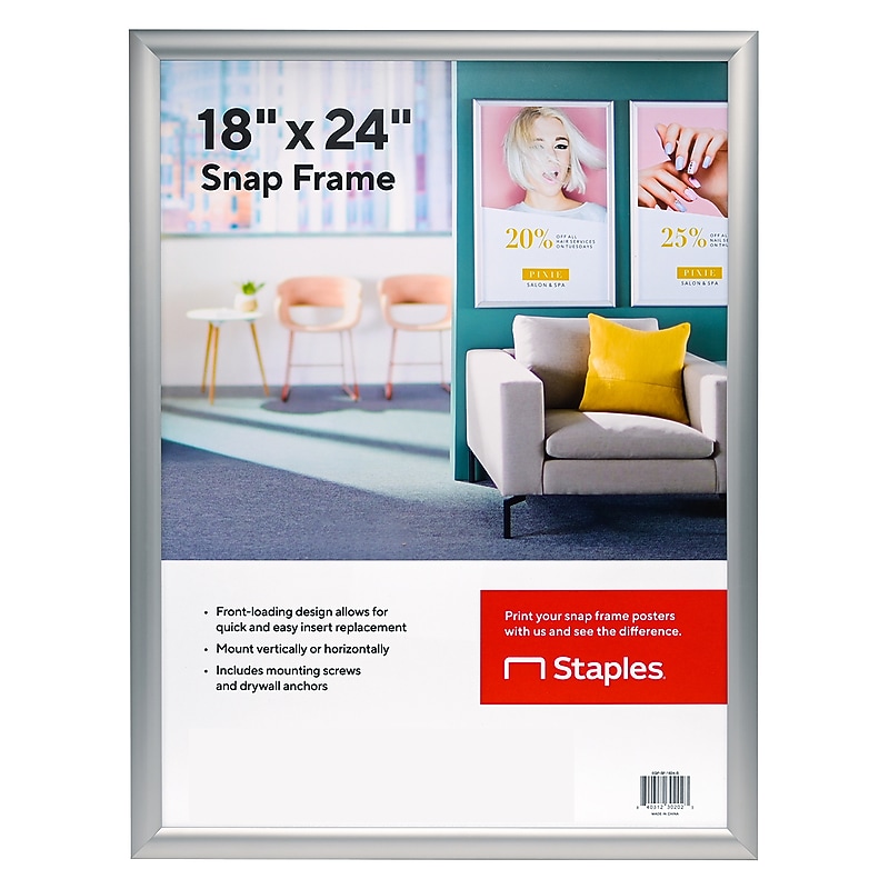 Staples Snap Frame Poster Holder, 24" x 18", Wall Mounted, Silver Aluminum (EGP-SF-1824-S) image 1