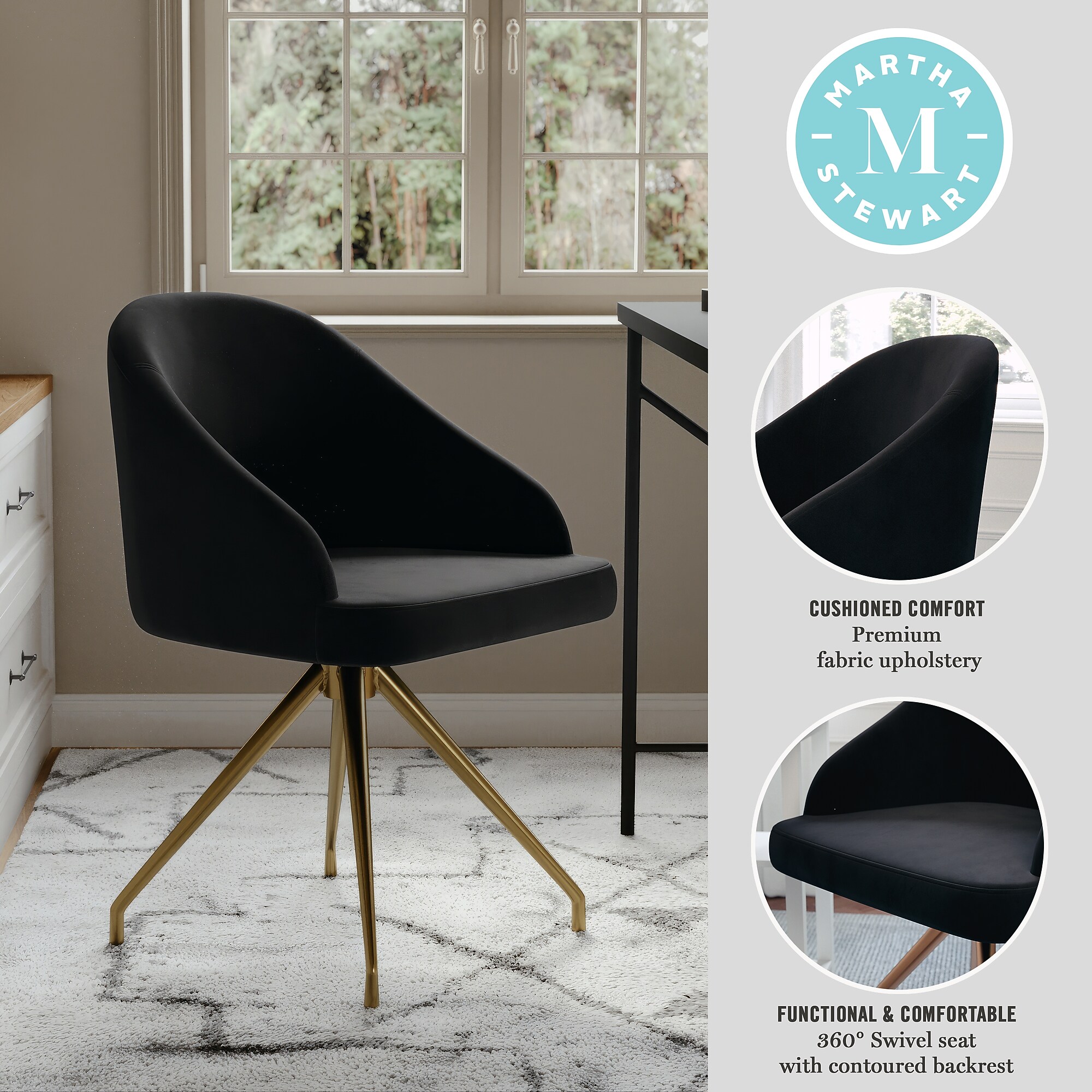 Martha Stewart Sora Velvet Swivel Task Chair, Black/Polished Brass (CH222119BKGLD) Sansujyuku sansujyuku.com