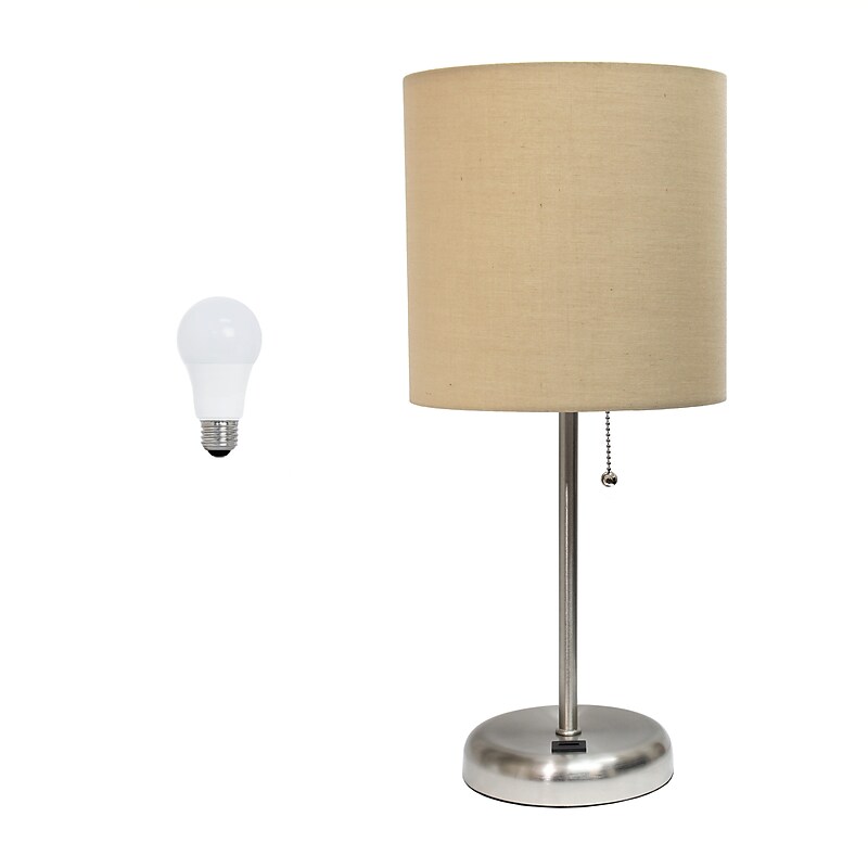 Creekwood Home Oslo 19.5" LED Table Lamp with USB Port, Brushed Steel/Tan Shade (CWT-2012-TN-LB) image 1