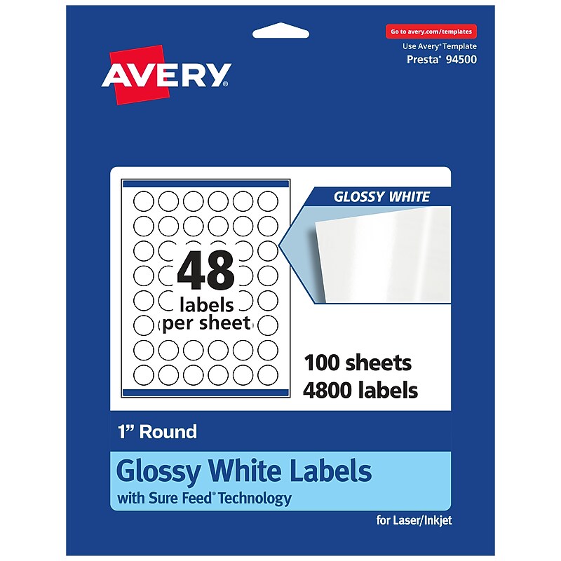 Avery Laser/Inkjet Circle Multipurpose Labels, 1"  Dia, Glossy White, 4800/Box (94500) image 1