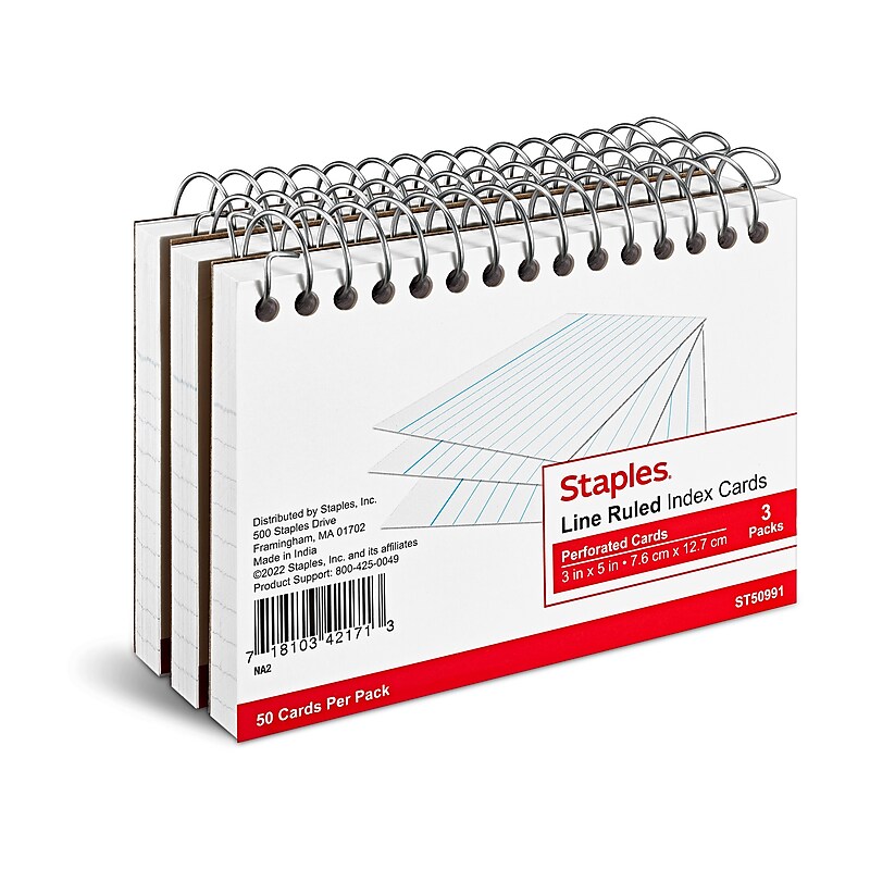 Staples 3" x 5" Index Cards, Lined, White, 50 Cards/Pack, 3 Pack/Carton (TR50991) image 1