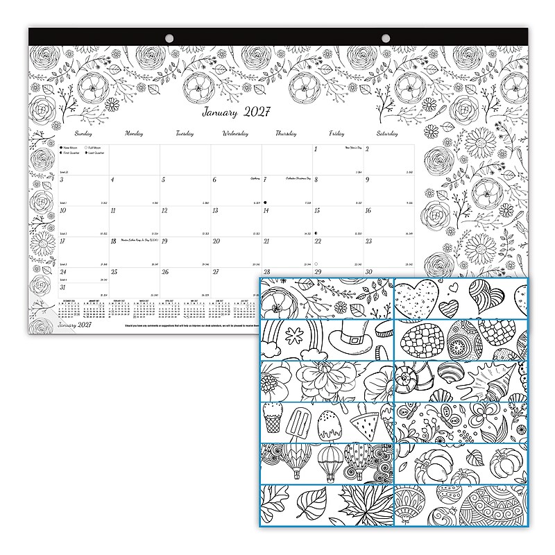 2027 Blueline DoodlePlan 10.875" x 17.75" Monthly Desk Pad Coloring Calendar, Black/White (C2917001-27) image 1
