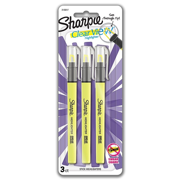 Sharpie Clear View Highlighter, Chisel Tip, Yellow, 3/Pack