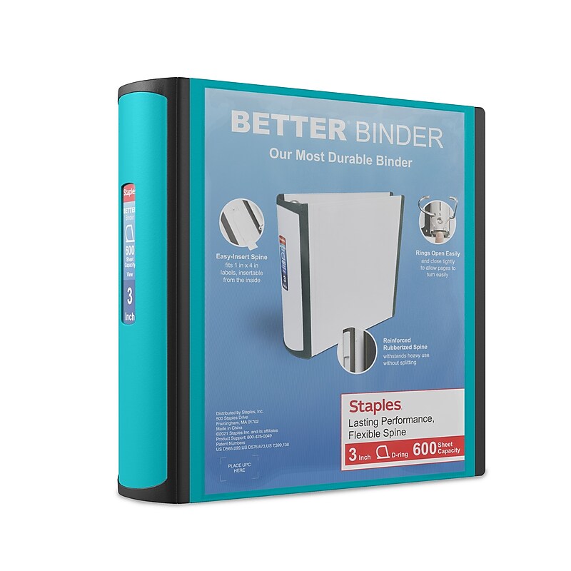 Staples Heavy Duty 3" 3-Ring Better Binder, D-Ring, Teal (ST55891-CC) image 1