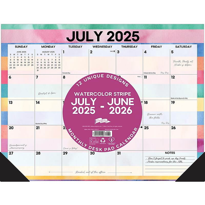 2025-2026 Willow Creek Watercolor Stripe 22" x 17" Academic Monthly Desk Pad Calendar (55007) image 1