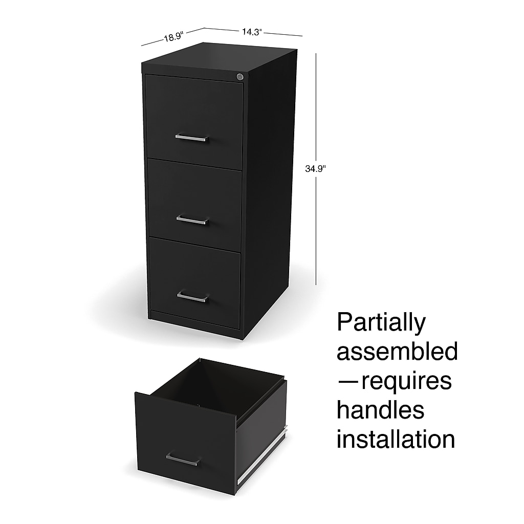 Dimensions of vertical file cabinet with partially assembled separate drawer
