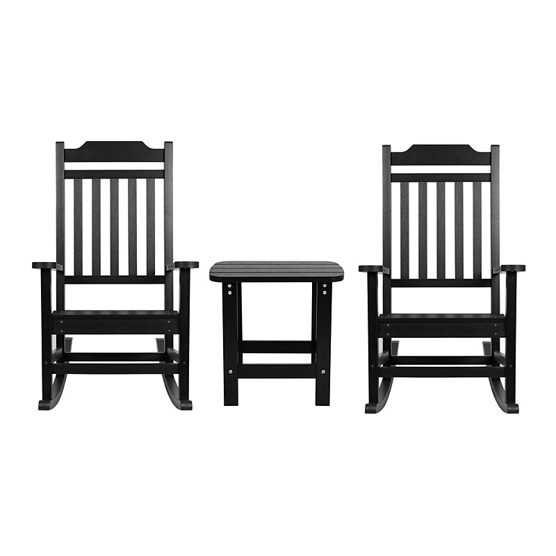 Flash Furniture Winston All-Weather Poly Resin Rocking Chairs with Accent Side Table, Black, 3/Set (JJC147032T141BK) image 1
