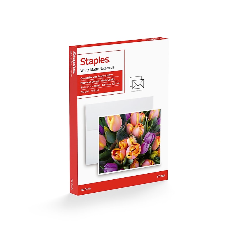 Staples Matte Notecards, 5.5"W x 4.25"L, White, 100/Box (12501) image 1