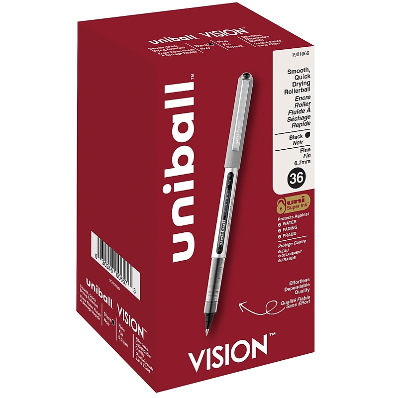 uni-ball Vision Rollerball Pens, Fine Point, 0.7mm, Black Ink, 36/Pack (1921066) image 1