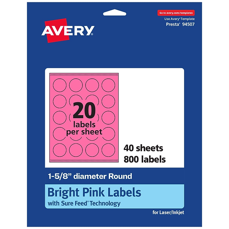 Avery Round Laser/Inkjet Multipurpose Labels, 1-5/8" Dia, Bright Pink (800/Box) image 1