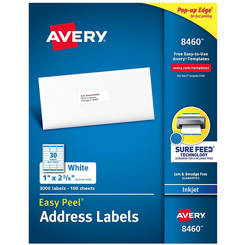 Avery Easy Peel Inkjet Address Labels, 1" x 2 5/8", Matte White, 3000 Labels/Box (8460) image 1