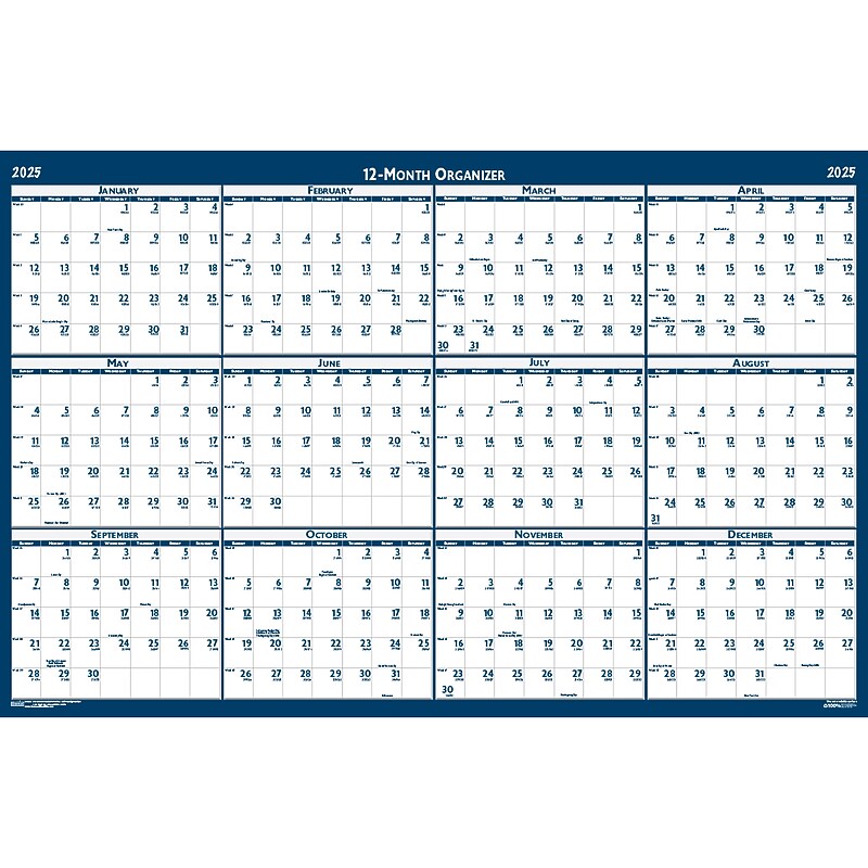 2025 House of Doolittle 37" x 24" Yearly Wet-Erase Wall Calendar, Reversible, White/Blue (396-25) image 1