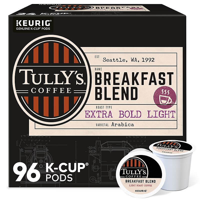 Tully's Breakfast Blend Extra Bold Coffee, Keurig K-Cup Pod, Light Roast, 96/Carton (192719CT) image 1