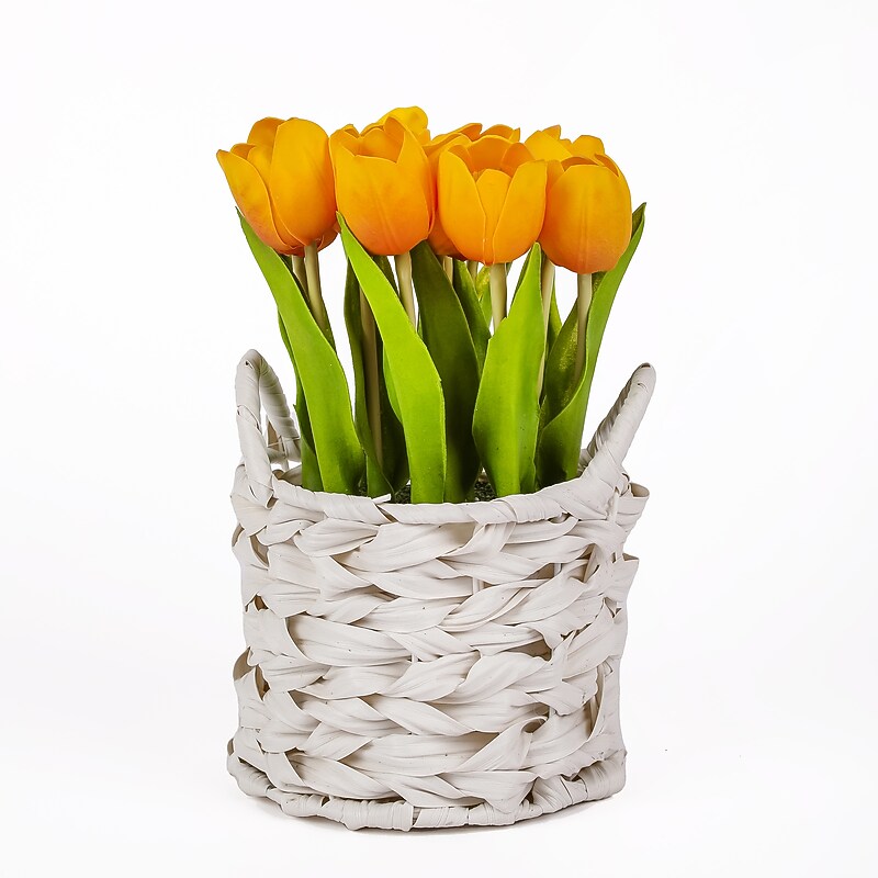 National Tree Company 10" Orange Tulip Bouquet in White Basket (MT81-10926GOR-1) image 1