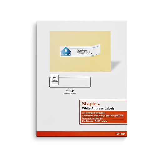 Staples Laser/Inkjet Address Labels, 1" x 4", Bright White, 20 Labels