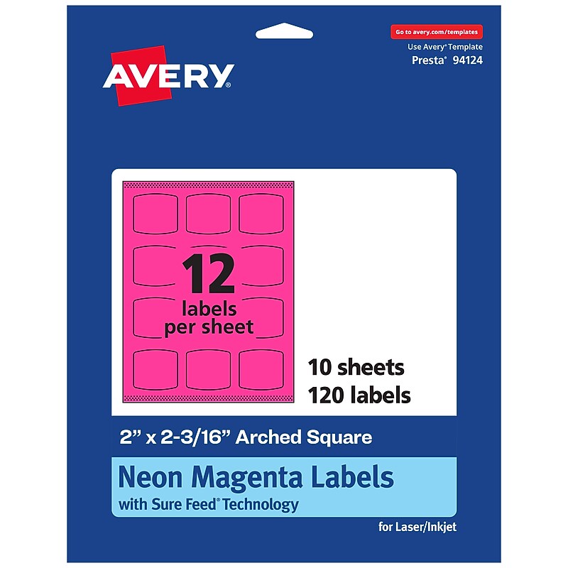 Avery Laser/Inkjet Arched Square Multipurpose Labels, 2" x 2-3/16", Neon Magenta, 120/Pack (94124) image 1