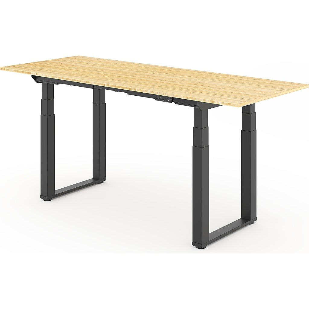 3/4 view of bamboo top standing desk showing length and angled legs
