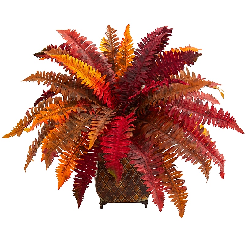 Nearly Natural Autumn Boston Fern Artificial Plant in Metal Planter (8539) image 1